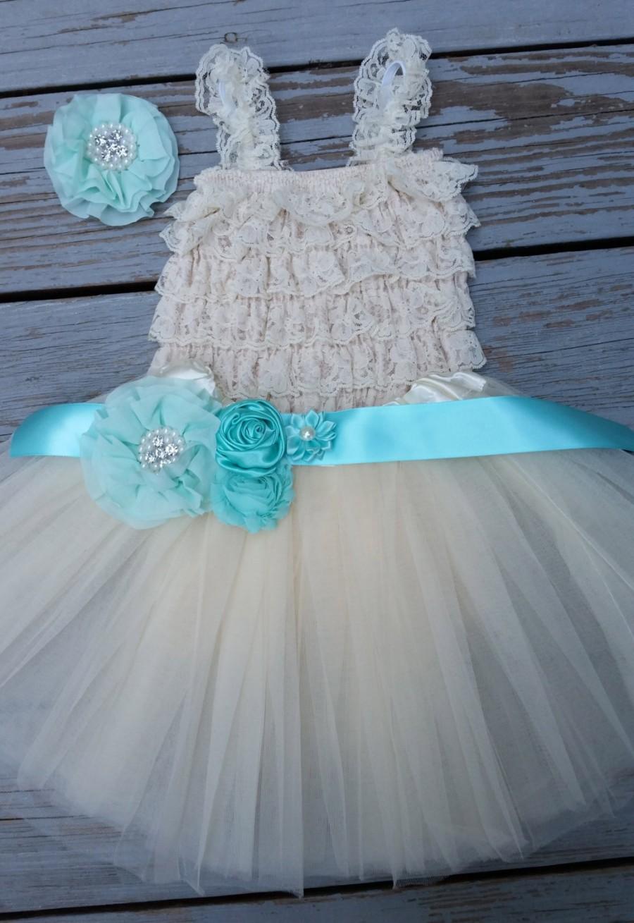 Mariage - Mint Blue-Teal-Turquoise Flower Girl Dress -Tutu Dress-Rustic Flower Girl-Country Flower Girl Dress-Flower Girl-Tutu Dress-Shabby Chic