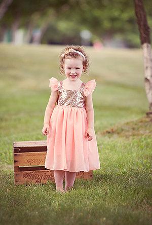 Hochzeit - Peach Sparkle Flower Girl Dress-Flower Girl Dress-Princess Sparkle Dress-Flutter Sleeve-Peach-Shabby Chic Girls Dress-Sequin Dress