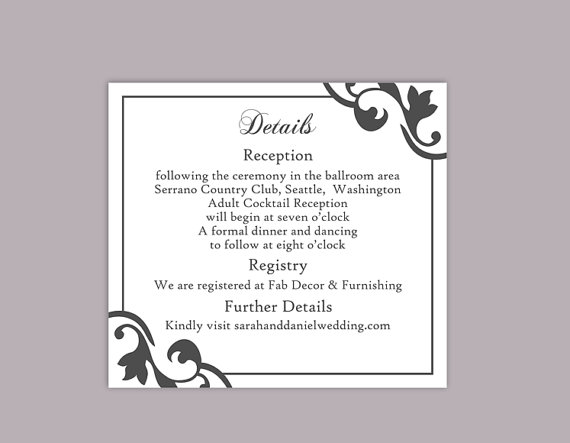 Hochzeit - DIY Wedding Details Card Template Editable Text Word File Download Printable Details Card Black Details Card Elegant Enclosure Cards