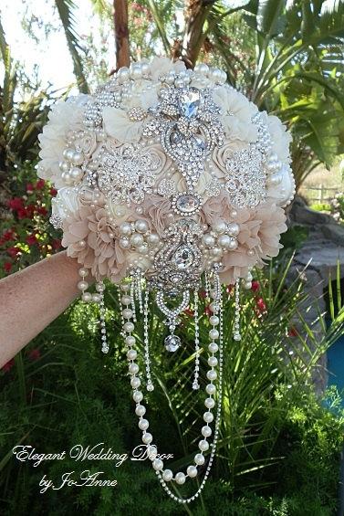 Wedding - HANDMADE BROOCH BOUQUET, Gatsby Brooch Bouquet, Deposit Only, Cascading Brooch Bouquet, Jeweled Wedding Bouquet, Broach Bouquet