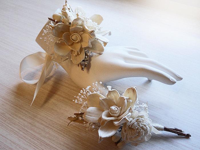 Hochzeit - Wrist Corsage and/or Boutonniere, Sola Flowers, Birch Bark, Rustic, Country, Winter, Woodland, Wedding. Made to Order.