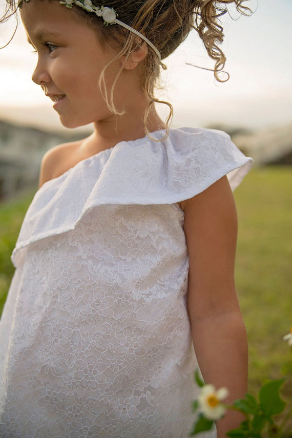 Wedding - White Lace Flower Girl Dress, Asymmetrical Dress, Off the Shoulder Dress