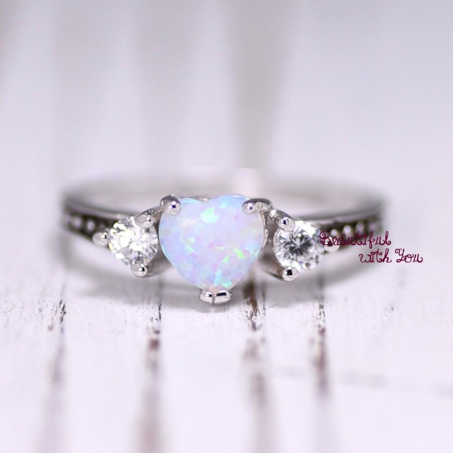 Wedding - White Opal Ring, Silver Lab Opal Ring, Opal Wedding Band, Womens Opal Wedding Ring, Opal Engagement Ring, Promise Ring for Her, Heart Opal