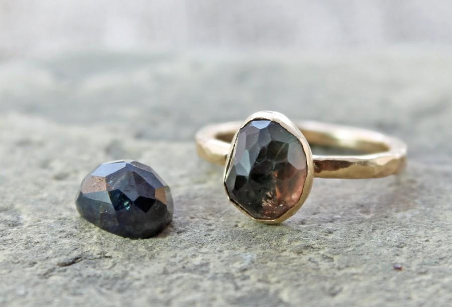 Mariage - bespoke black sapphire engagement ring w/ hammered 14k white rose or yellow gold options, alternative engagement ring, made to order