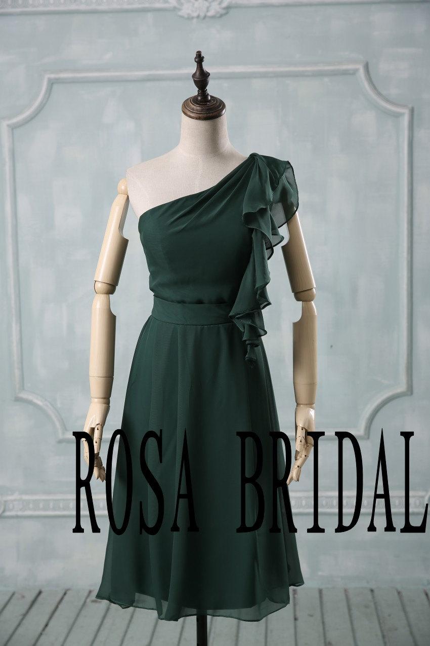 Wedding - Dark green bridesmaid dress, Short bridesmaid dress,  One shoulder bridesmaid dress cheap, Homecoming dress,  custom size color