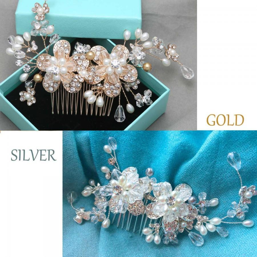 Mariage - Gold Rhinestone crystal Comb, Silver Rhinestone crystal Comb, Pearl Comb, Pearl Hair Comb, Vintage Comb, Wedding Hair Comb, Flower Comb