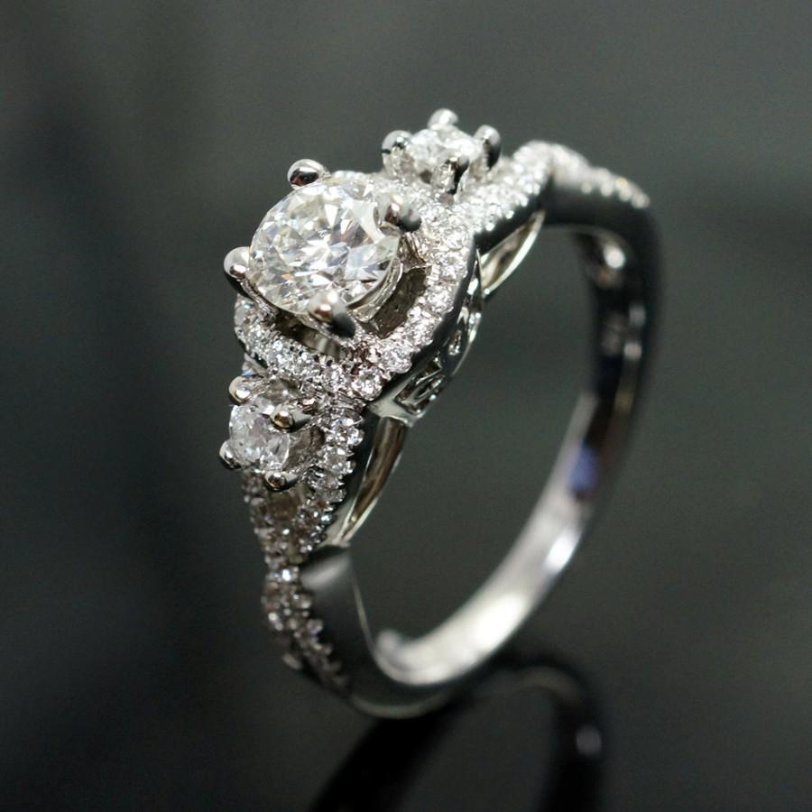 Wedding - Custom Petite Diamond Engagement Ring 14k White Gold 3 Stone Micropave Wedding Ring Bridal Set Complete Engagement Ring Set Diamond Ring