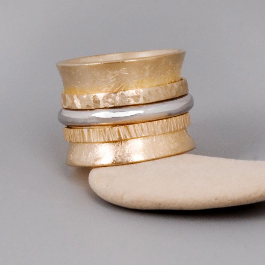 زفاف - Spinner Ring, Sterling Silver Gold Spinner Ring, Meditation Ring, Gold Statement Ring, Mixed Metal Jewelry, Fidget Ring, Worry Ring