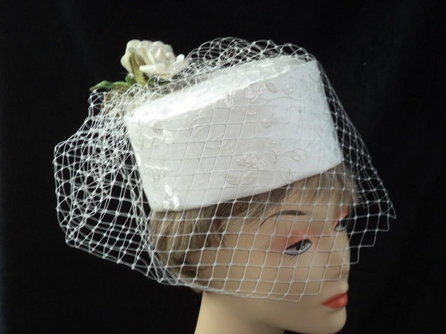 Wedding - Hand Made Bridal Pillbox Hat Ivory Bridal Embroidered Satin Ivory Veil Netting