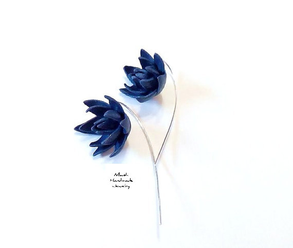 زفاف - Blue Flower Drop Earrings, Blue Flower Drop Earrings, Blue Jewelry Blue Wedding Earrings