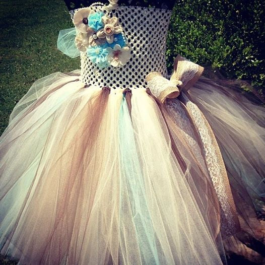 Свадьба - Burlap & Lace with Aqua Accent Couture Flower Girl Tutu Dress/ Shabby Chic Wedding/ Rustic Wedding/ Country Wedding