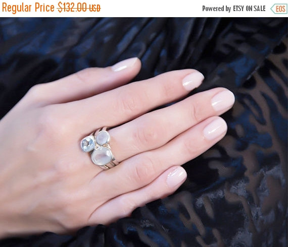زفاف - ON SALE Aquamarine and moonstone ring - 925 Sterling Silver gemstone Ring