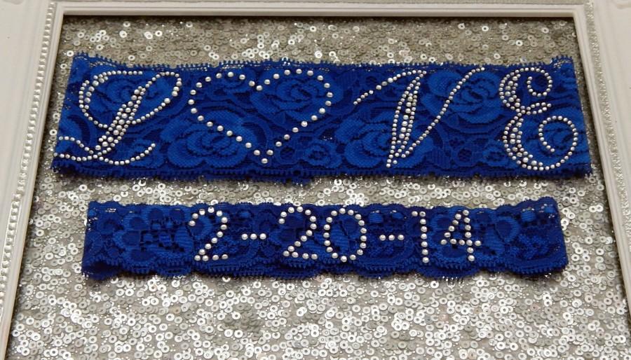 Hochzeit - Wedding Garter Set - Royal BLUE Bridal Garter with SILVER Rhinestone Love Show Garter & Rhinestone DATE Toss Garter - other colors