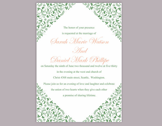 Свадьба - DIY Wedding Invitation Template Editable Word File Instant Download Elegant Printable Invitation Green Wedding Invitation Floral Invitation