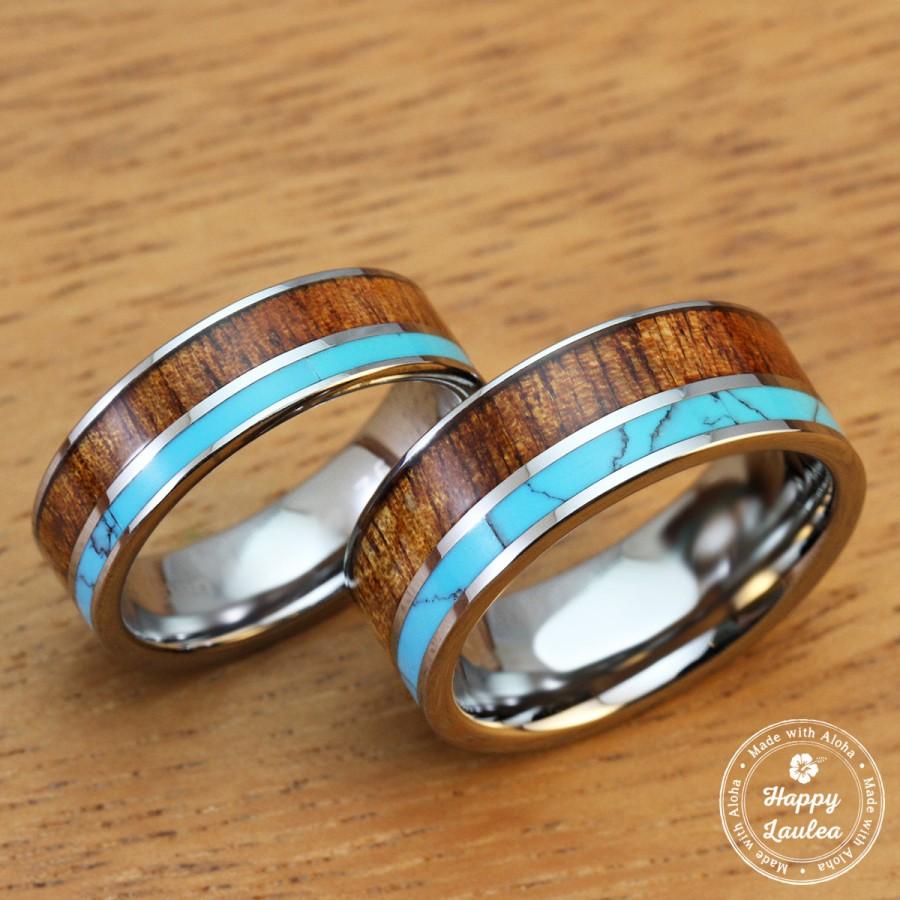 زفاف - Pair of Tungsten Carbide Ring with Hawaiian Koa Wood and Turquoise Inlay (6&8mm width, flat shaped)