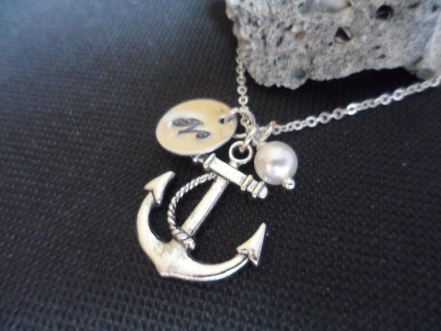 Wedding - Personalized Initial, Pearl and Anchor Necklace - Bridal Jewelry, Bridesmaid Gifts, Custom Initial, Beach Wedding Theme