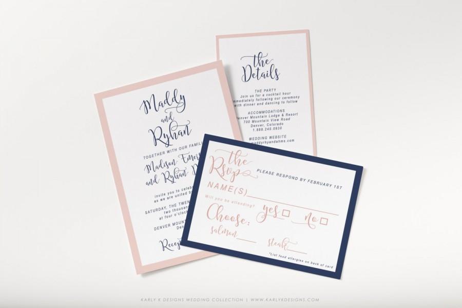 زفاف - Modern Navy and Blush Wedding Invitation Set, Script Calligraphy Invitation Suite, Printable Wedding Invitation