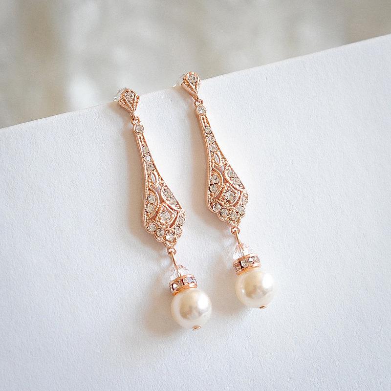 زفاف - Rose Gold Wedding Bridal Earrings, Chandelier Bridal Earrings, Swarovski Pearl Drop Dangle Earrings, Old Hollywood Wedding Jewelry, TRISSIE