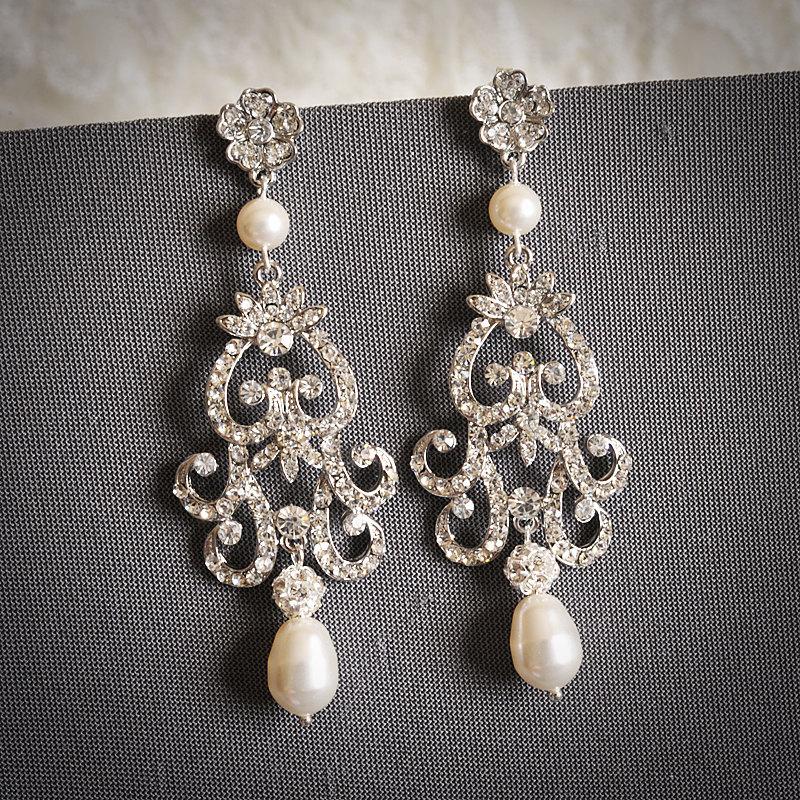 Wedding - FABIONA, Victorian Style Chandelier Wedding Earrings, White Ivory Champagne Pearl & Rhinestone Bridal Earrings, Flower Dangle Stud Earrings