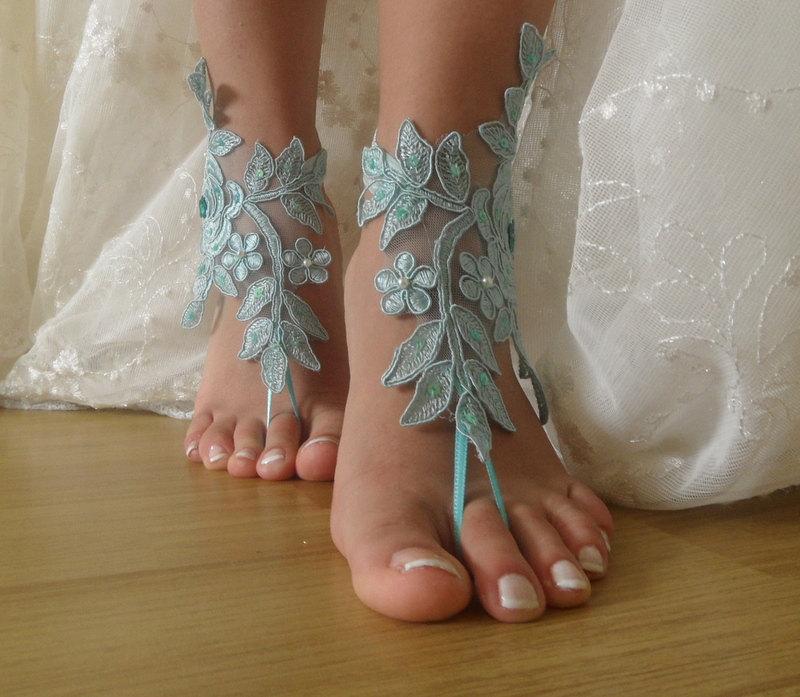 زفاف - Blue Lace Barefoot Sandals, french lace, Bridal Lace Shoes , Foot jewelry,Wedding Shoes, Victorian Lace  Anklet , Belly Dance
