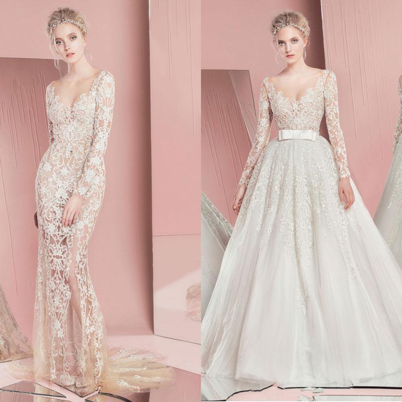 Mariage - Zuhair Murad Mermaid Wedding Dresses 2016 Sheer Scoop Neck Long Sleeves Wedding Gowns With Lace Applique Sequined Detachable Bridal Dresses Online with $178.02/Piece on Hjklp88's Store 