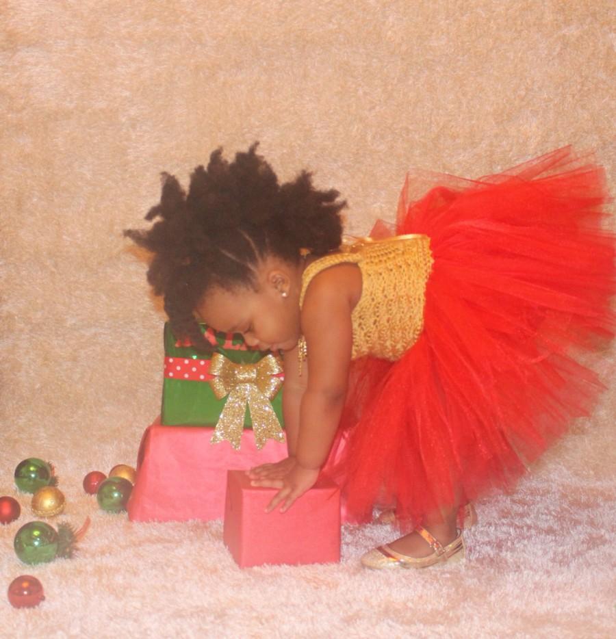 Mariage - Gold and red flower girl tutu dress, crochet tutu dress, wedding tutu dress, corset back tutu dress, toddler tutu dress, birthday tutu dress