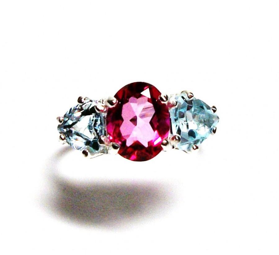 زفاف - Pink topaz ring, topaz accent ring, 3 stone ring, blue pink,  wedding anniversary ring s 6 3/4  "Ice Castles"