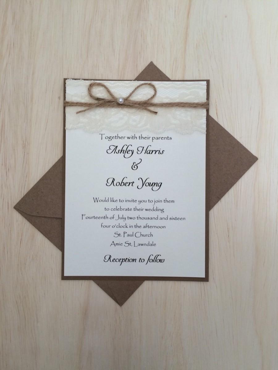 Hochzeit - Rustic /vintage wedding invitation, rustic lace wedding invitation, twine wedding invitation, lace wedding invitation, kraft invitation