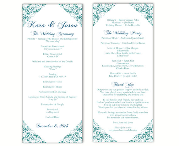 Hochzeit - Wedding Program Template DIY Editable Word File Instant Download Program Teal Program Blue Floral Program Printable Wedding Program 4x9.25i