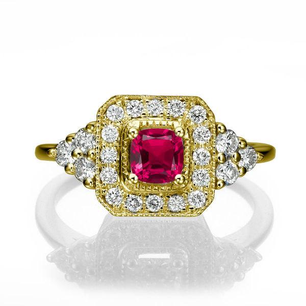 زفاف - Ruby Engagement Ring, 18K Gold Ring, Halo Ring, 0.84 TCW Ruby Ring Vintage, Art Deco Jewelry, Ruby Rings for Women