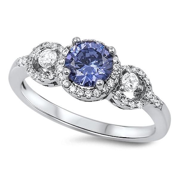 Mariage - 3.00 Carat Round Tanzanite Clear Crystal Russian Diamond CZ Three Stone Halo Solid 925 Sterling Silver Wedding Engagement Bridal Ring