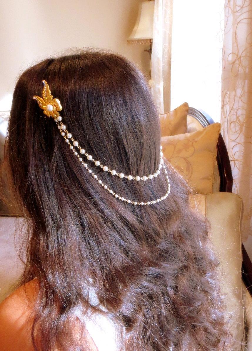 زفاف - Gold Wedding headpiece, Bridal hair accessory, Pearl headpiece, Wedding hair chain, Bridal hair comb, Vintage style headpiece