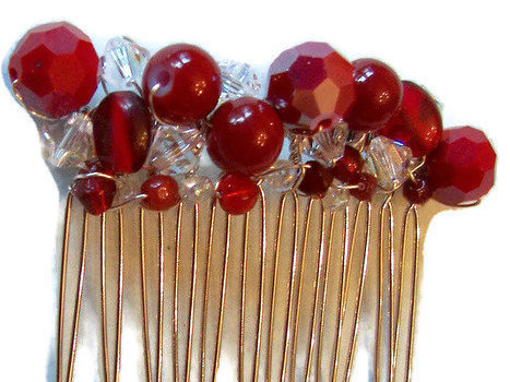 Wedding - Apple Red Hair Comb, Red Wedding Hair Accessory Red Beads and Swarovski Clear Crystals  Handwired Beaded Hair Comb  Fall/Winter  Hair Comb