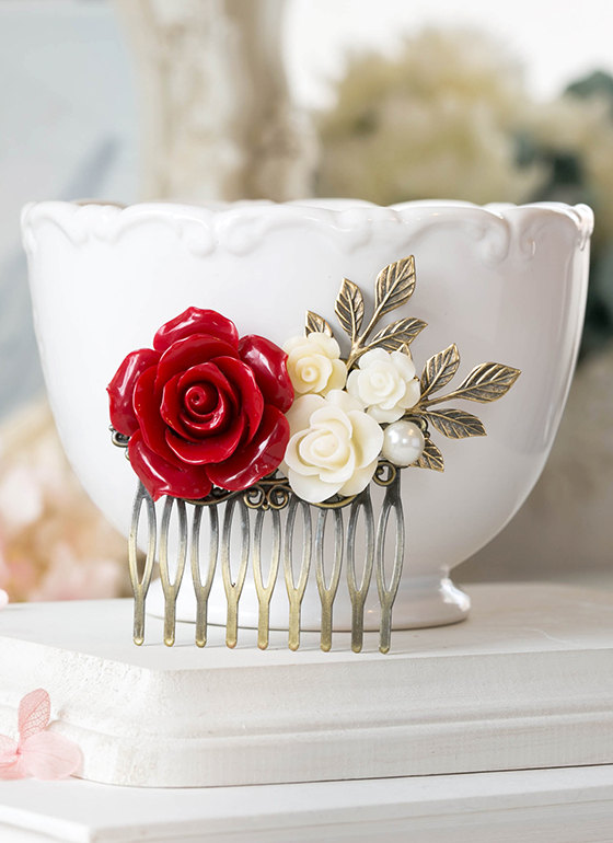 Wedding - Red Wedding Hair Accessory Bridal Hair Comb Large Red Rose Cream Ivory Flower Leaf Pearl headpiece Red Bridal Hairpiece Bridesmaid Gift