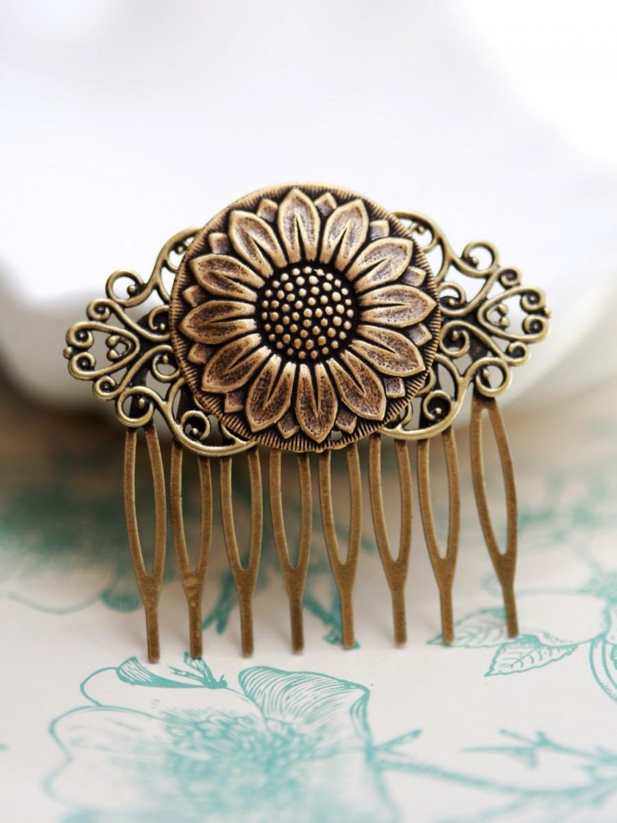 Mariage - Sunflower Brass Hair Comb, Wedding Bridal Hair Comb.Flowers Collage Hair Comb, Bridal Bridesmaid Comb,Summer,Gift for her