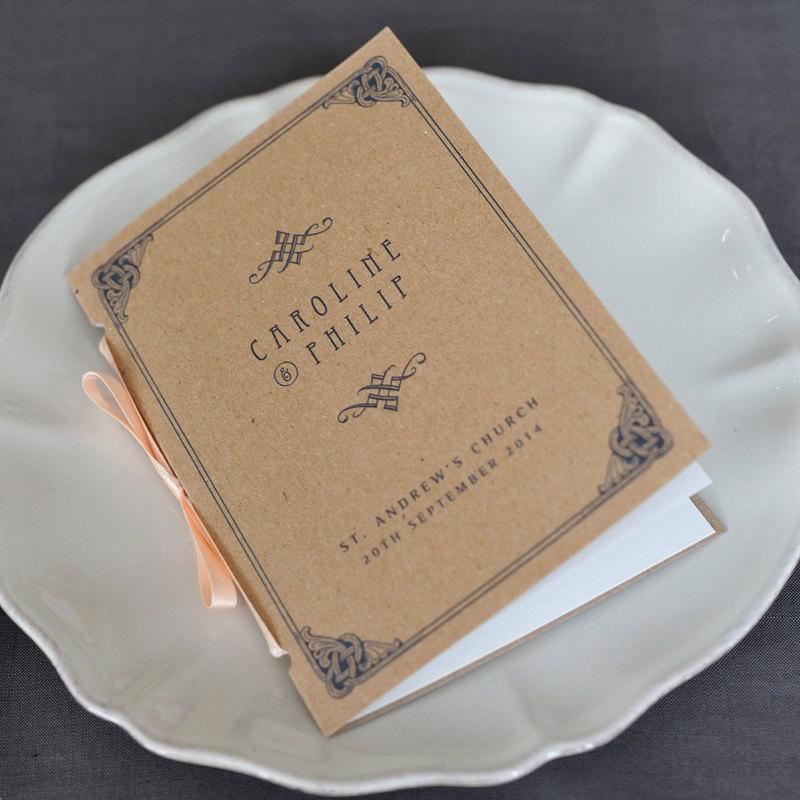 Wedding - Art Deco Wedding Program / Vintage Order of Service / Pocket-sized Booklet Recycled Kraft Brown Cover / Vintage 1920s Wedding / ONE SAMPLE