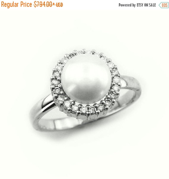 Hochzeit - Christmas SALE Pearl Engagement Ring, Unique Engagement Ring, 14K White Gold Pearl Ring, June BirthStone, Pearl Ring, Fast Free Shipping