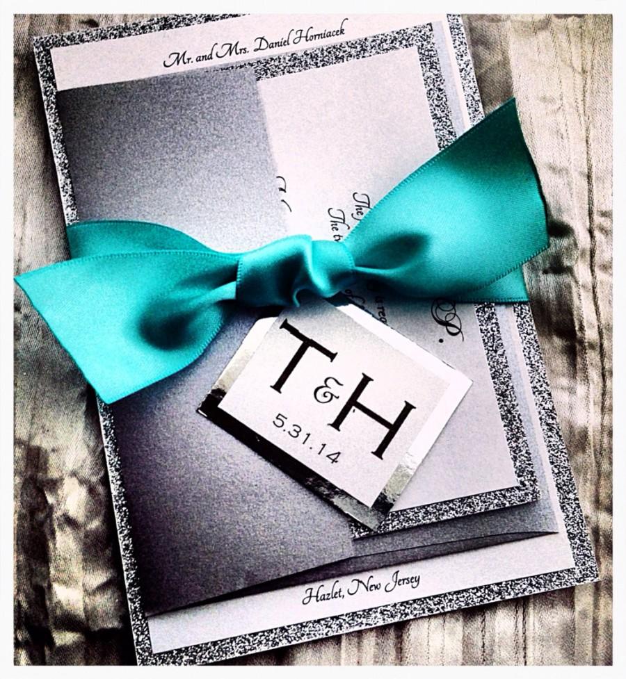 Hochzeit - Teal Wedding Invitations, Silver Glitter Wedding Invitation and RSVP Set with Ribbon Belly Band