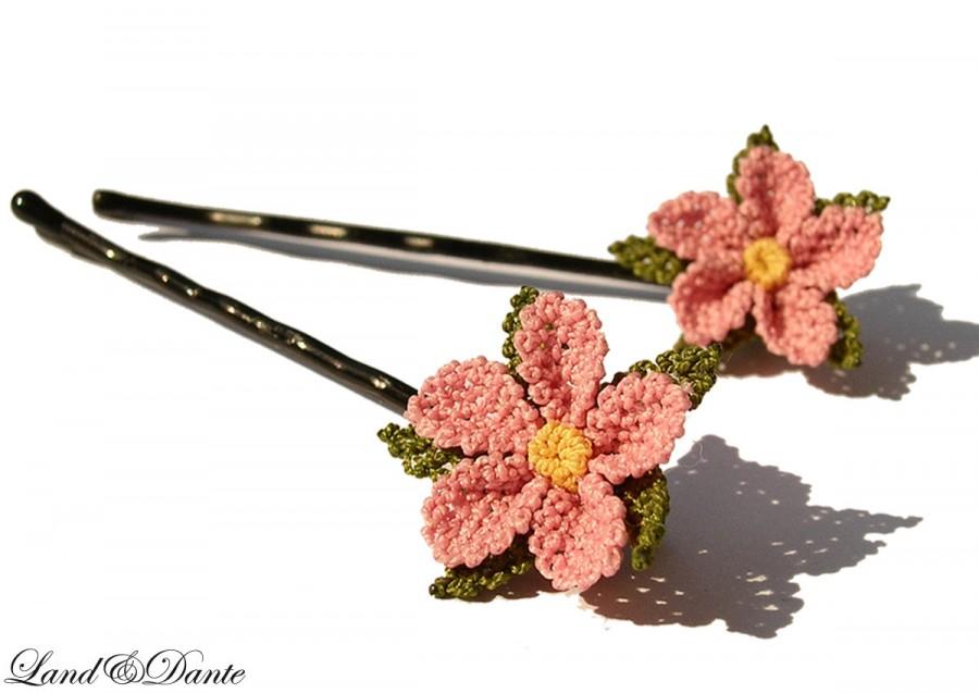 Mariage - Light pink cherry blossom bobby pin, boho lace flower girls, natural nature bridal hair pins, country bride, fairy girl