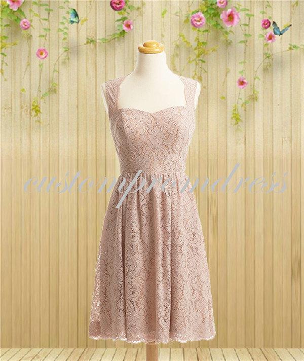 Mariage - champagne lace bridesmaid dress,short bridesmaid dress,lace prom dress,wedding party dress,short prom dress custom for buyer D07045