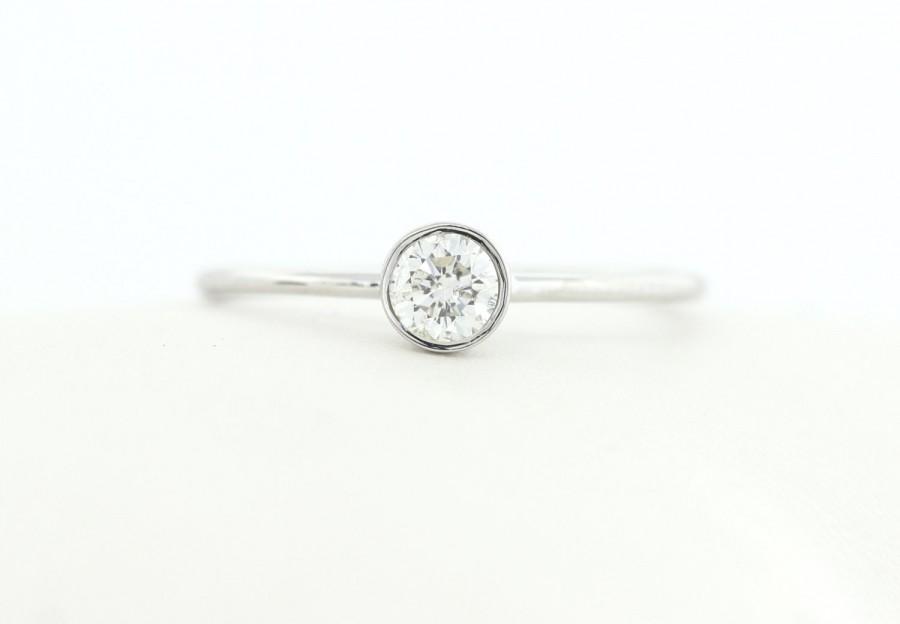Hochzeit - Round Brillaint Cut Diamond Engagement Ring, White Gold Thin Dainty Bezel Set Engagement Ring, Stacking Gold Diamond Ring