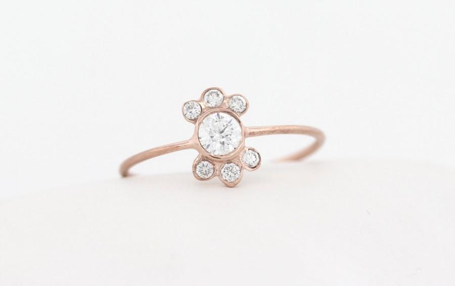 Wedding - 14K Diamond Bezel Engagement Ring Set With Accent Diamond on Top and Bottom, Half Halo Diamond Engagement Ring, 14K Dainty Simple Ring