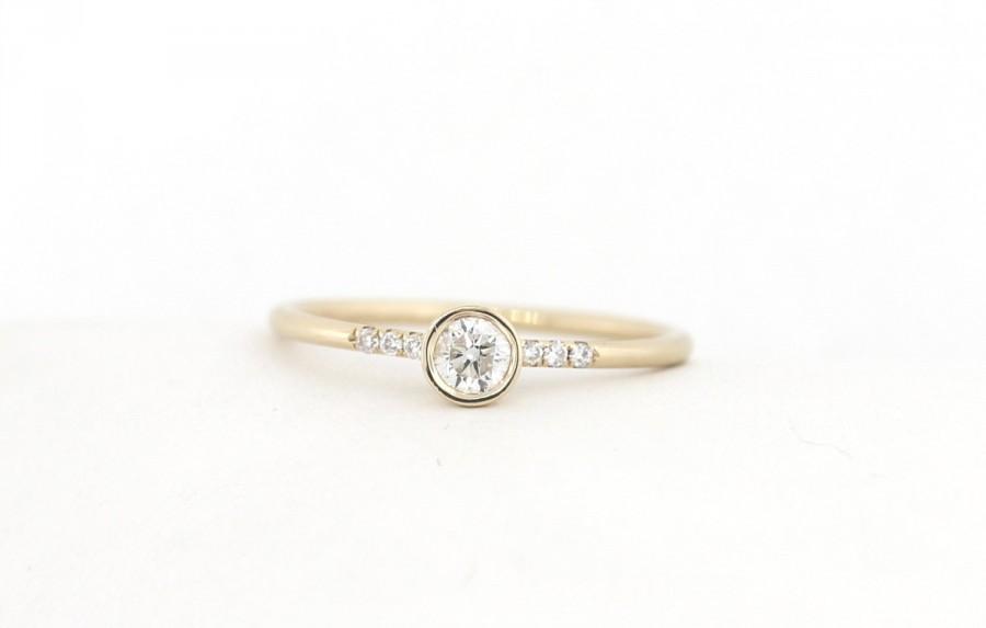 زفاف - Round Brilliant Cut Diamond Engagement Ring With Accent Diamonds Micro Pave Band, Thin Dainty Bezel Set Engagement Ring with Diamond Band