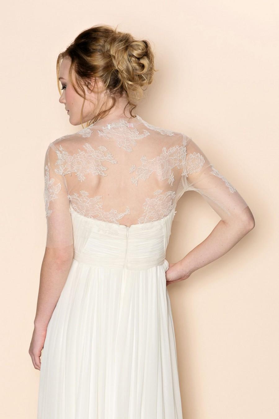 Hochzeit - Eliza bridal french lace and illusion tulle bolero shrug cover up