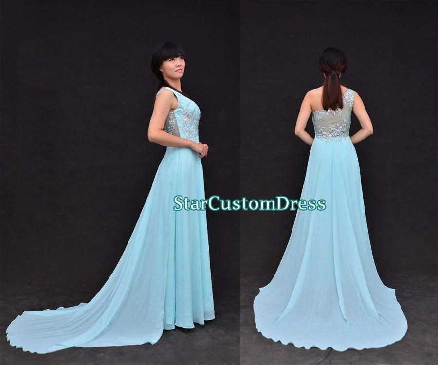 Свадьба - Long Prom Dress Crystal/Bead Bridesmaid Dress Chiffon Dress One Shoulder Blue Long elegant dresses