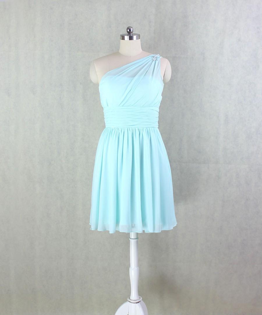 زفاف - One Shoulder Bridesmaid Dress Short  Bridesmaid Dress Mint Chiffon Dress Prom Dress