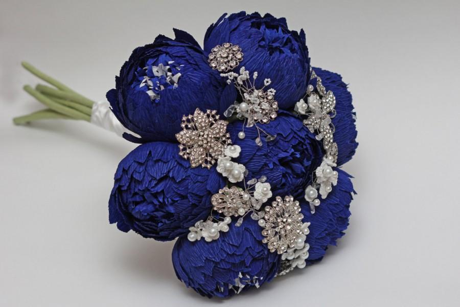 Hochzeit - brooch bouquet, wedding bouquet, alternative bouquet, paper flower bouquet, bridal bouquet, blue peonies bouquet