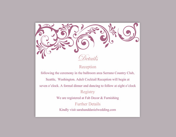 Hochzeit - DIY Wedding Details Card Template Editable Text Word File Download Printable Details Card Purple Eggplant Details Card Information Card