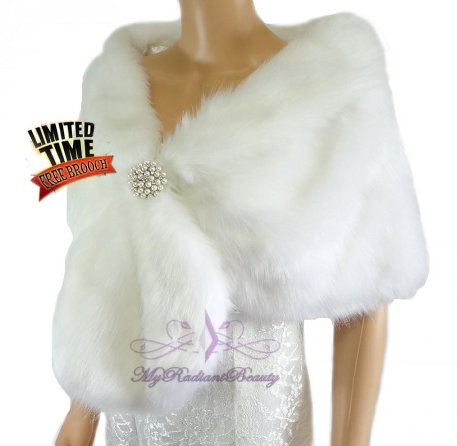 Hochzeit - Faux Fur Wrap, Bridal White Faux Fur Stole, White Bridal Wrap, Wedding Fox Stole, Faux Fur Shrug, MRBCreation, Bridal Fur Stole FS108-WHI
