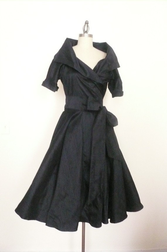 Hochzeit - Custom Made  MARIA SEVERYNA Double Wrap Full Skirt Dress w/short sleeves  in Charcoal Grey